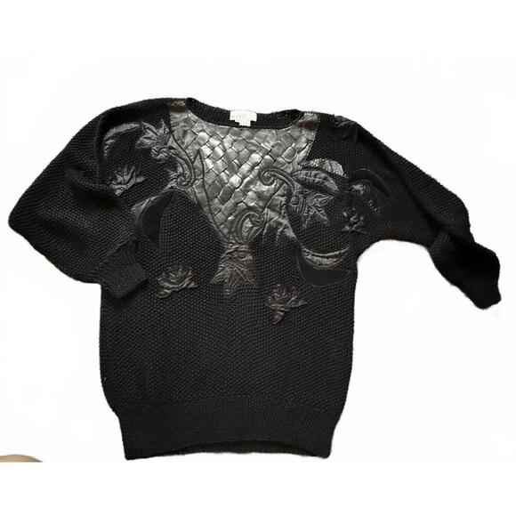Nannell Vintage Black Knit Sweater Leather Woven Applique Size M - Picture 1 of 6